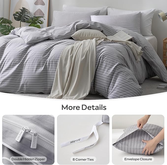 JELLYMONI 100% Cotton Wide Striped Full Duvet Cover Set, Gray/White | Classic Stripes, 8 Corner Ties & Double-Head Hidden Zipper, Breathable and Soft, For Guest Room