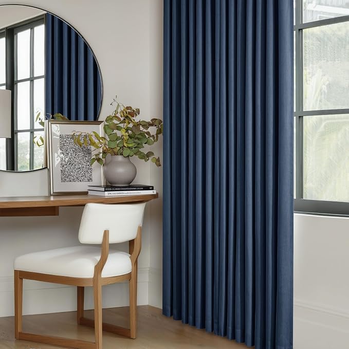 Navy Blue 100% Blackout Pinch Pleated Linen 63 Inch Curtains with Liner | Memory Trained, Thermal Insulated, Heat Blocking, Black Out Curtains for Small Window Dining Room Bedroom 2 Panels W40xL63