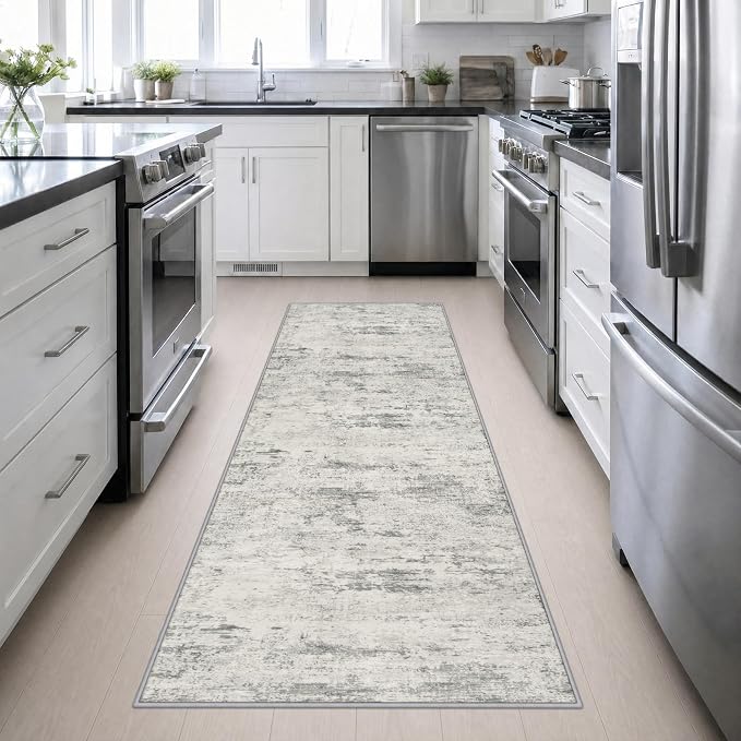 3x10 Washable Runner Rug：Modern Abstract Kitchen Soft Carpet Gray | For Hallway, Bedroom, Kitchen, Laundry, Bathroom,Door Mat,Modern Abstract,Machine washable,Non-Slip,Stain Resistant,Indoor
