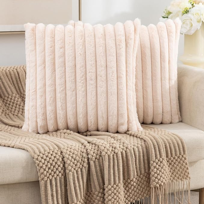 ZLINA Beige Striped Faux Fur Throw Pillow Covers 26 x 26 Inch | 2‑Pack, boho striped pillow covers,velvet back,fuzzy plush cushion covers , for sofa bed livingroom home decor