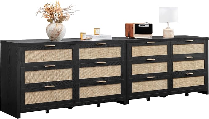 SICOATS Rattan Dressers for Bedroom Set 2, Large 6 Drawer Dresser | Long Chest of Drawers, Dresser Farmhouse TV Stand for Bedroom, Living Room, Nursery, Closet, Black Oak, 2 Pieces