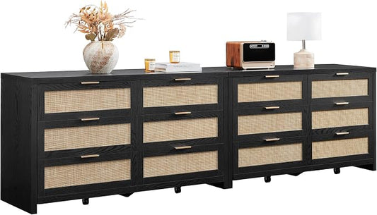 SICOATS Rattan Dressers for Bedroom Set 2, Large 6 Drawer Dresser | Long Chest of Drawers, Dresser Farmhouse TV Stand for Bedroom, Living Room, Nursery, Closet, Black Oak, 2 Pieces