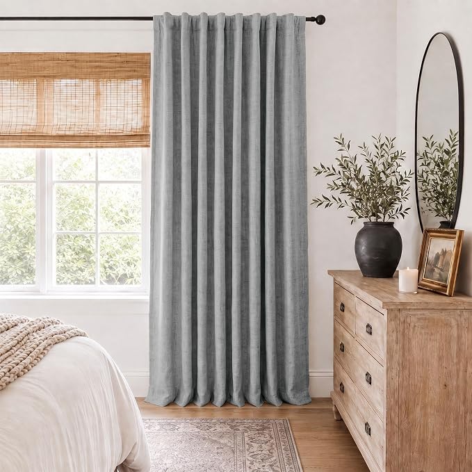Deconovo 100% Blackout Curtains for Bedroom, Linen Textured Thermal Insulated Drapes with 20 Clip Rings, Noise Reducing Curtains for Nursery, Set of 2, Grey, 100" W x 84" L (Pack of 1)