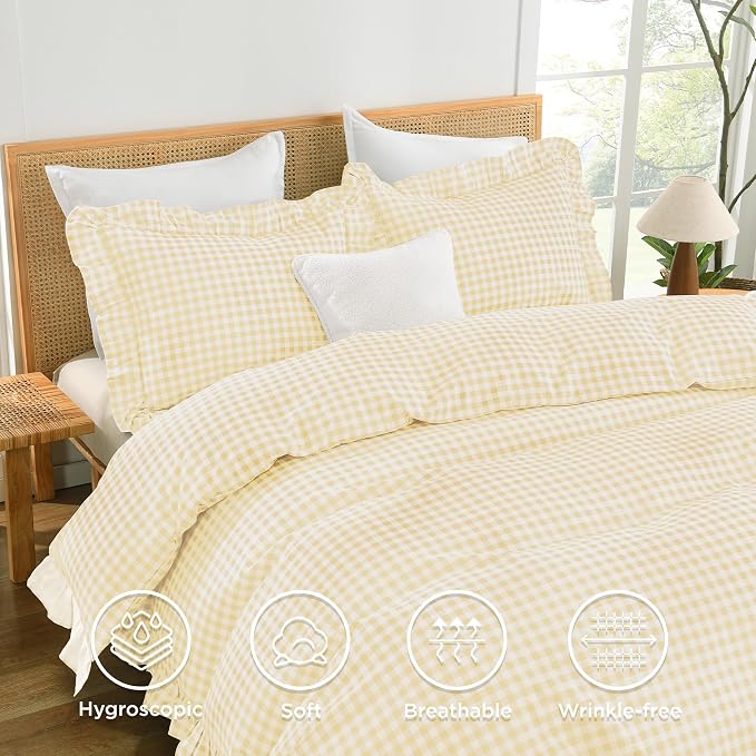 Andency Yellow Gingham Duvet Cover King, Ruffle Shabby Bedding Set 3 Pcs | Farmhouse Soft Pre-Washed Polyester Comforter Cover with Zipper Closure & Corner Ties, 104x90Inch