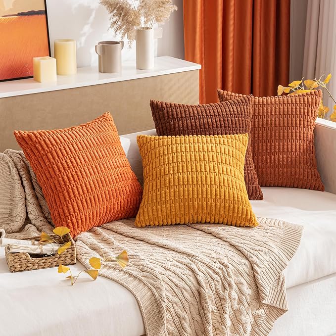 MIULEE Fall Decorative Throw Pillow Covers 18x18 Burnt Orange Pack of 2 | Soft Corduroy Boho Striped Pillow Covers Modern Farmhouse Autumn Home Decor For Sofa Living Room Couch Bed