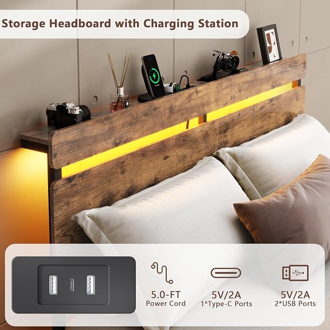 Forestell Full Size Bed Frame with Wood Headboard,2 Storage Drawers & Shelf | Built-in Charging Station & LED Lights, Metal Support, No Box Spring Needed, noise-free, easy assembly, Smart RGB, USB+Type-C