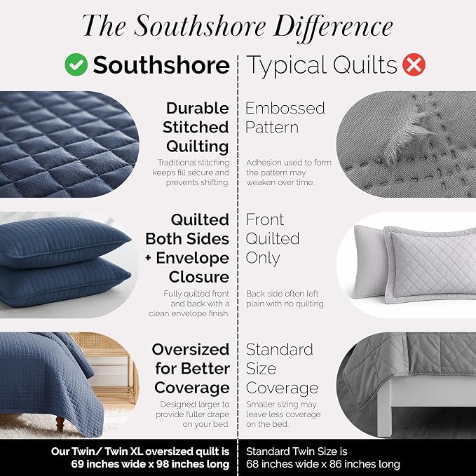 Southshore Fine Living, Inc. Oversized Twin Quilt Bedding Set, Microfiber Quilts, Summer Bedspread & Coverlet Sets, Pet Hair Resistant Bedding, Twin XL Quilt Set with 1 Pillow Sham, Dark Blue Quilt