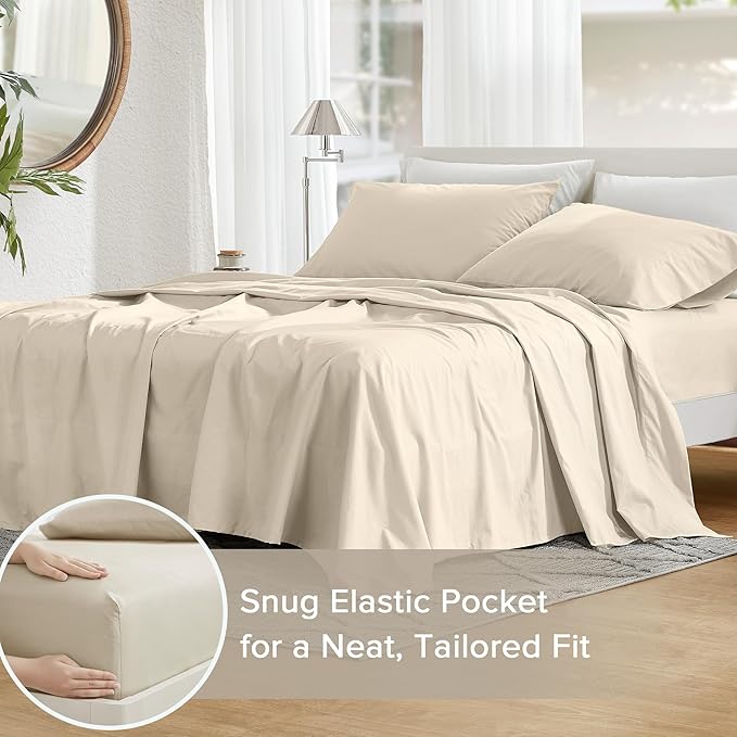Comfort Spaces 100% Cotton Percale Sheets Queen Sheet Set 4 Pcs, Cream | Crisp, Cool & Breathable Bed Sheets, 14" Deep Pocket Fits Up to 16" Mattress, Lightweight, All Season Cozy, with Pillow Case