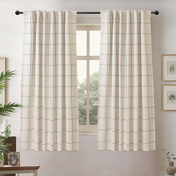DriftAway 100% Blackout Plaid Linen Curtains W52xL63 Loden Green | 100% Blackout, Linen Texture, Plaid Pattern, Two Layers, Rod Pocket & Back Tab, Bedroom Living Room Use, Luxury Appearance