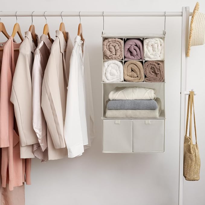 GRANNY SAYS 4-Shelf Hanging Closet Organizer with Drawer, Foldable Storage | Dividers Closet Hanging Organizer, No-Sag Support, Keeps Clothes Neat, Folds Flat, Fits RV, Dorm & Small Closets, Beige