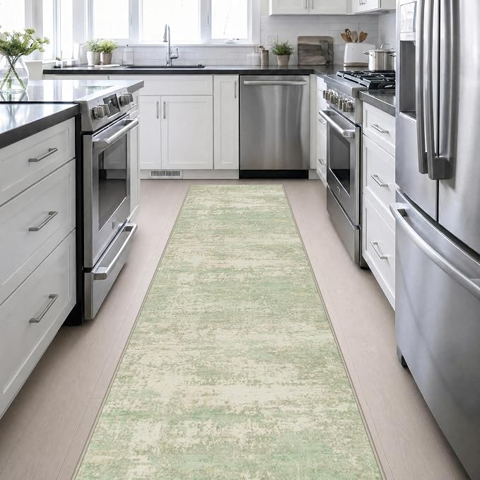 3x14 Washable Runner Rug：Modern Abstract Soft Carpet Green Cream | For Hallway, Bedroom, Kitchen, Laundry, Bathroom,Door Mat,Modern Abstract,Machine washable,Non-Slip,Stain Resistant,Indoor