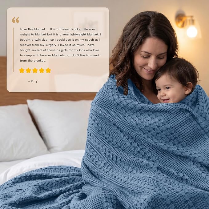 PHF Lightweight 100% Cotton Waffle Throw Blanket for Couch, Denim Blue | Pre-Washed Soft Cotton Comfort, Breathable Layering Warmth for Fall & Winter, Office, Travel, Sofa, Home Decor & Gifts
