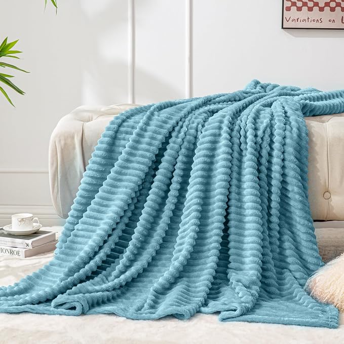 BEDELITE 3D Ribbed Washed Blue Fleece Twin Blanket for Couch, 60x80 Inch | Soft Warm Fluffy Throw Blanket for Bed Sofa College Dorm Room Decor, Luxury Cozy Plush Gifts for Women Girls, Lightweight