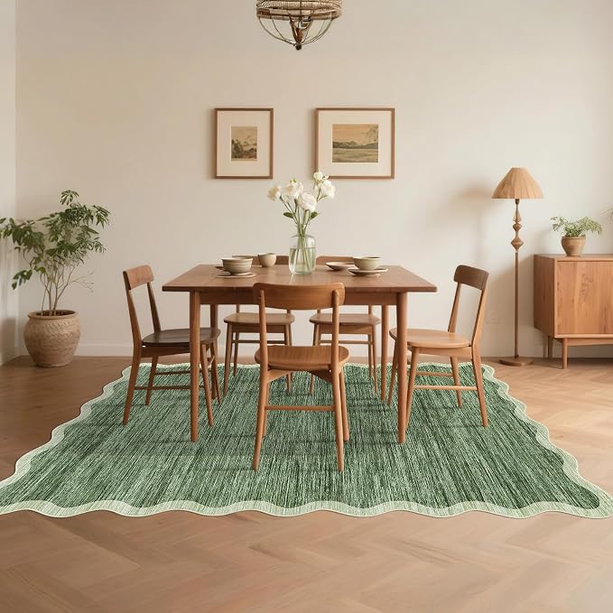 GarveeHome Scalloped Washable Area Rug 6x9 Rug for Living Room Non Slip | Modern Rug Throw Rugs Large Rugs for Bedroom Low Pile Non Shedding Stain Resistant Carpet for Dining Room 6'x9' Green