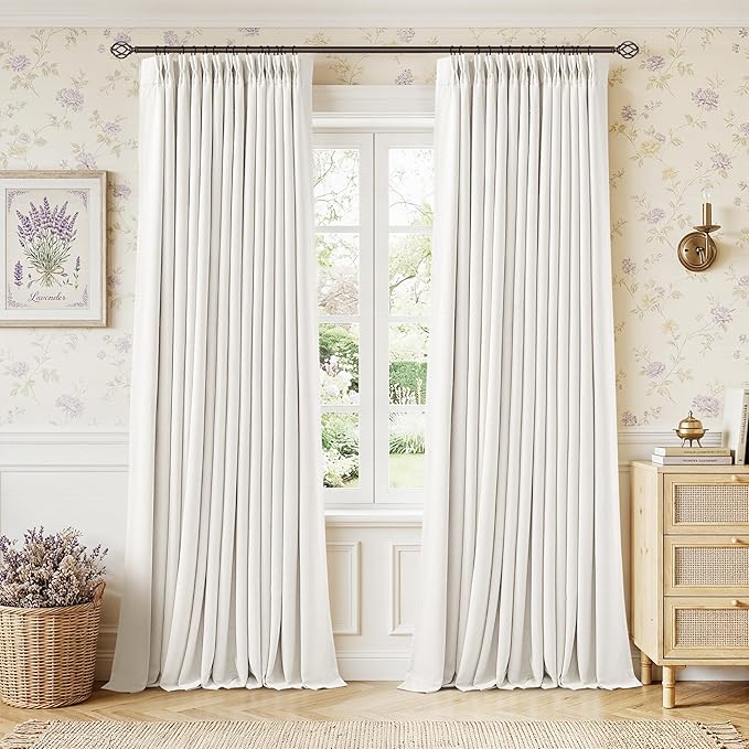 Pinch Pleated Blackout 108 Inch Bedroom Linen Curtains 2 Panels Ivory White | Soundproof, Farmhouse Window Drapes for Living Room, with Back Tab, 100% Black Out Drapes, Ivory Cream Off White, W40xL108