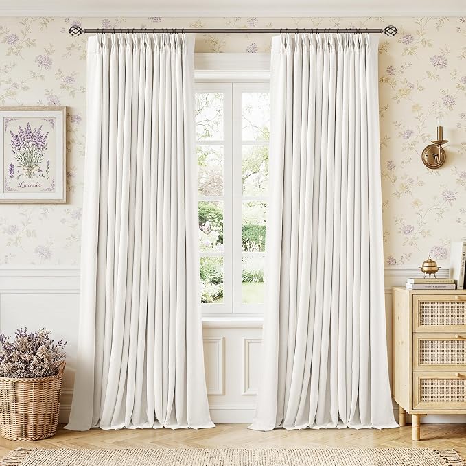 Ivory White Pinch Pleated Blackout Linen 92 Inch Bedroom Curtains 2 Panels | 100% Black Out, Thermal Insulated, Room Darkening, Off White Window Curtains Double Layer, Pinch Pleat Drapes for Living Room