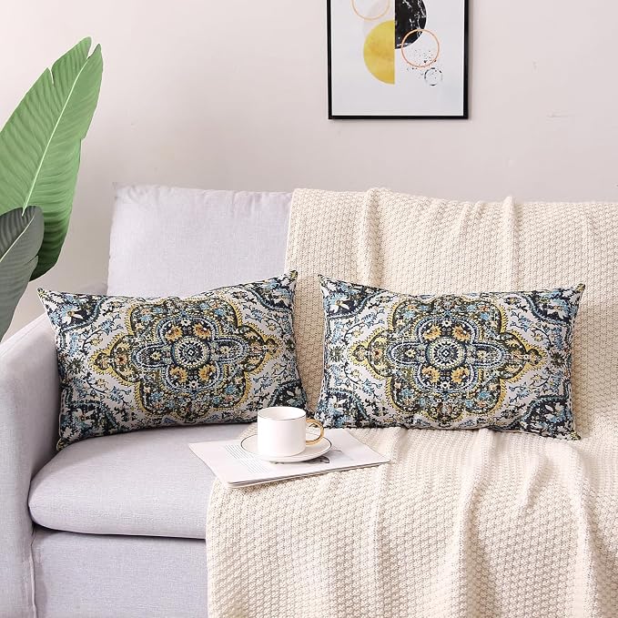Outdoor Waterproof Pillow Covers 12X20 Set of 2 Bohemian Vintage Carpet Pattern Pillow Covers Green Blue Ethnic Design Decorative Farmhouse Cushion Case for Couch Garden
