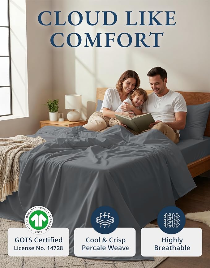 LANE LINEN Twin XL Sheet Set 100% Organic Cotton Cooling Soft - Charcoal | Twin XL Sheet Set, GOTS Certified Organic Cotton Percale - Crisp Hotel-Style Feel, Soft From The First Wash, For Hot Sleepers
