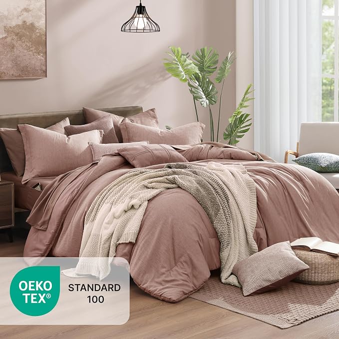 Monbix Full Comforter Set 7 Pieces Dusty Pink Cationic Dyeing Bed in a Bag | Lightweight Reversible All Season Bedding Sets with Comforter, Sheets, Pillowcases & Shams