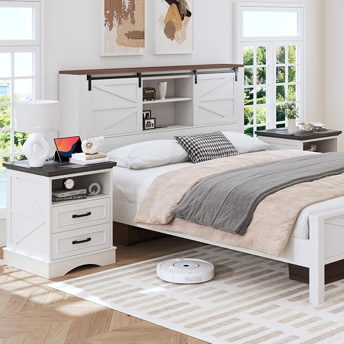 Fluest 24" Tall Farmhouse Nightstand, Night Stand with Fast Charging Station, Beside Tables with Drawers and Open Storage, Rustic End Tables for Bedroom, Antique White