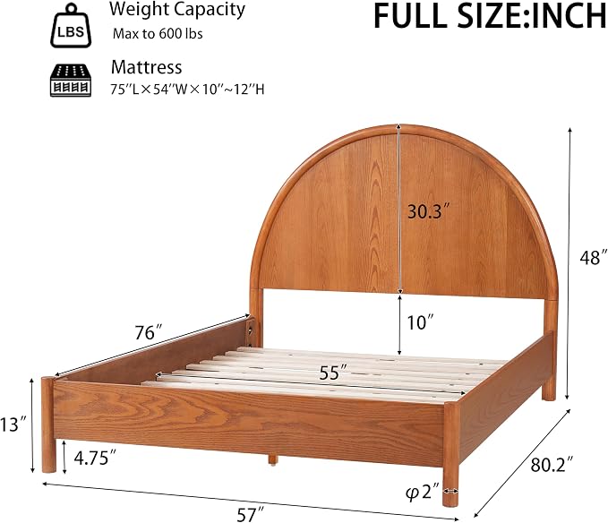 Christopher Knight Home Elsinore Full Size Bed Frame with Arched Headboard, Modern Wooden Platform Bed, Wood Bed Support and Slats, No Box Spring Needed, Full Size Beds for Adult, Light Brown