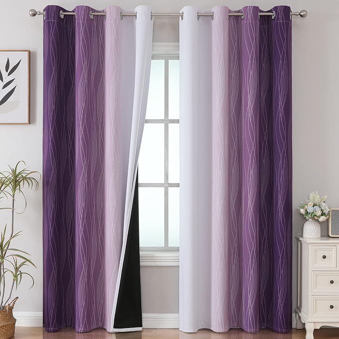 Purple and Greyish White Ombre Blackout Curtains for Bedroom 96 Inches Long | Estelar Textiler Living Room Darkening Gradient Curtain,Light Blocking,Thermal Insulated Grommet Window Drapes,52x96,2 Panels