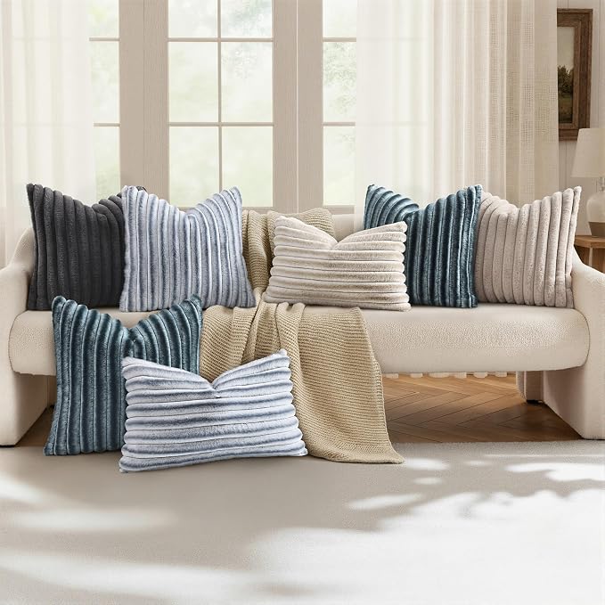 decorUhome Fall Faux Fur Throw Pillow Covers 26x26 Set of 2 Dark Grey | Decorative Soft Cozy Striped Plush Modern Farmhouse Boho Couch Pillow Cases Velvet Back for Sofa Bed Living Room Home Decor