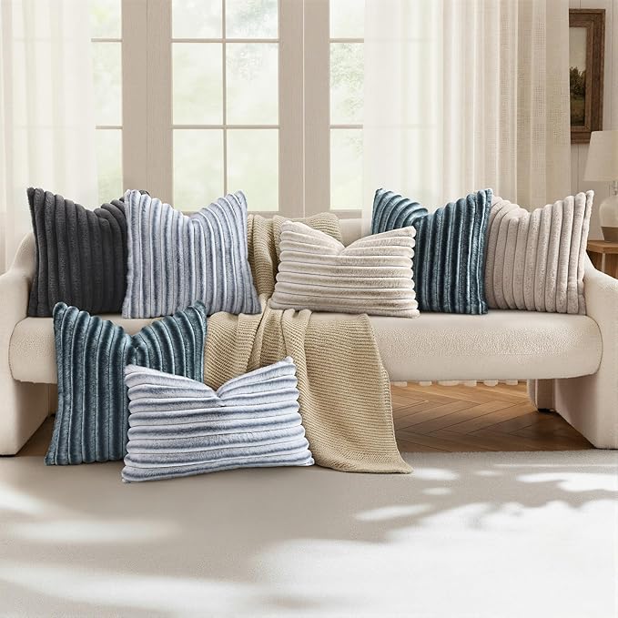 decorUhome Fall Faux Fur Throw Pillow Covers 12x20 Set of 2 Dark Grey | Decorative Soft Cozy Striped Plush Modern Farmhouse Boho Couch Pillow Cases Velvet Back for Sofa Bed Living Room Home Decor