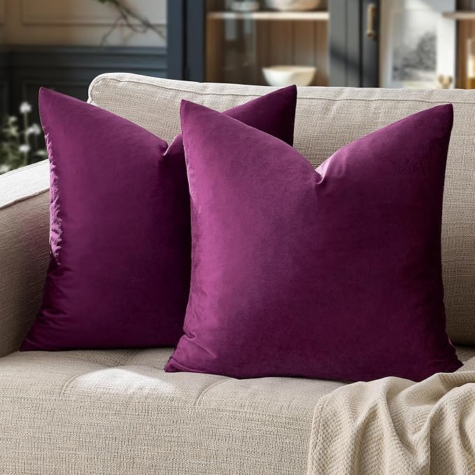 GIGIZAZA Velvet Pillow Covers 20x20 Decorative Pillows Pack of 2 Purple | Throw Pillows for Couch Sofa,280gsm Soft Textured Fabric,Luxury Modern Square Pillowcases,Home Decor Cushion Covers
