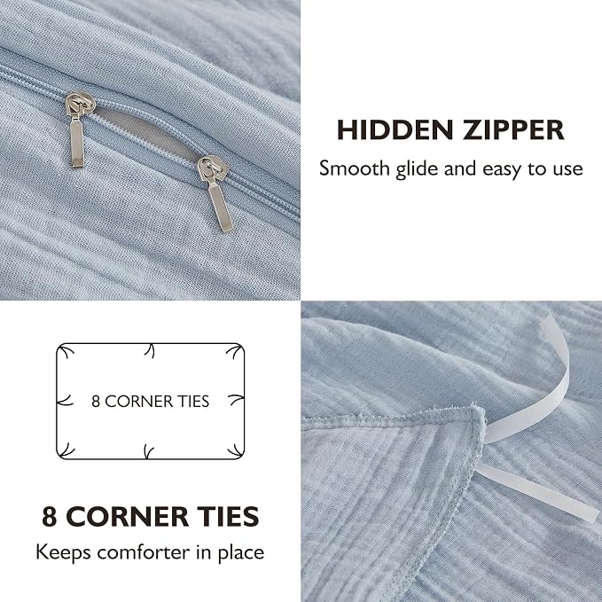 EMME Muslin Cotton Duvet Cover Set Queen Size Linen Like Soft Breathable Lightweight Summer Comforter Cover Set with Zipper Closure (Blue, Queen, 90"x90")