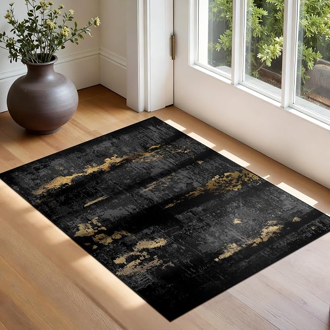 RELEANY Washable 2'x3' Abstract Area Rug for Living Room Black Gold | Carpet for Bedroom, Kitchen, Office, Hallway and Entryway, Printed Pattern, Non‑Slip, Soft, Stain‑Resistant, Easy to Clean