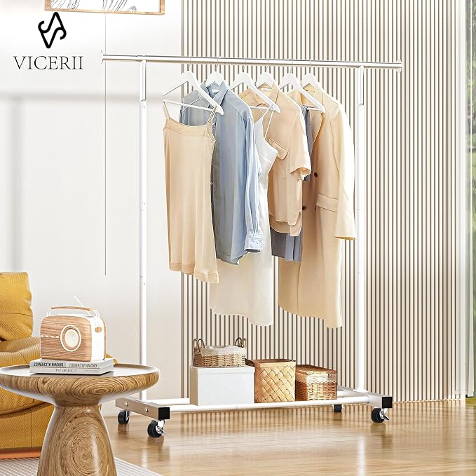 VICERII Clothing Rack, 55.51 Inch Heavy Duty Clothes Rack Rolling Garment Rack with Wheels and Bottom Shelf, 130LB Capacity Clothes Racks for Hanging Clothes, Coats, Shirts, Sweaters, Skirts, White
