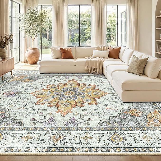 RELEANY Washable Area Rug, 8'x10', Beige/Carbon Grey/Orange | Non-Slip, Water Repellent, Pet Friendly, Easy to Clean, Vintage Floral Boho Decor for Living Room Bedroom Dining Room
