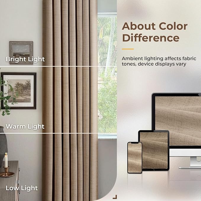 INOVADAY 100% Blackout Curtains for Bedroom Black Out Curtains 84 Inch Long | Taupe Curtains for Living Room 2 Panels, Clip Rings Linen Look Blackout Drapes, Thermal Insulated Room Darkening,W50xL84