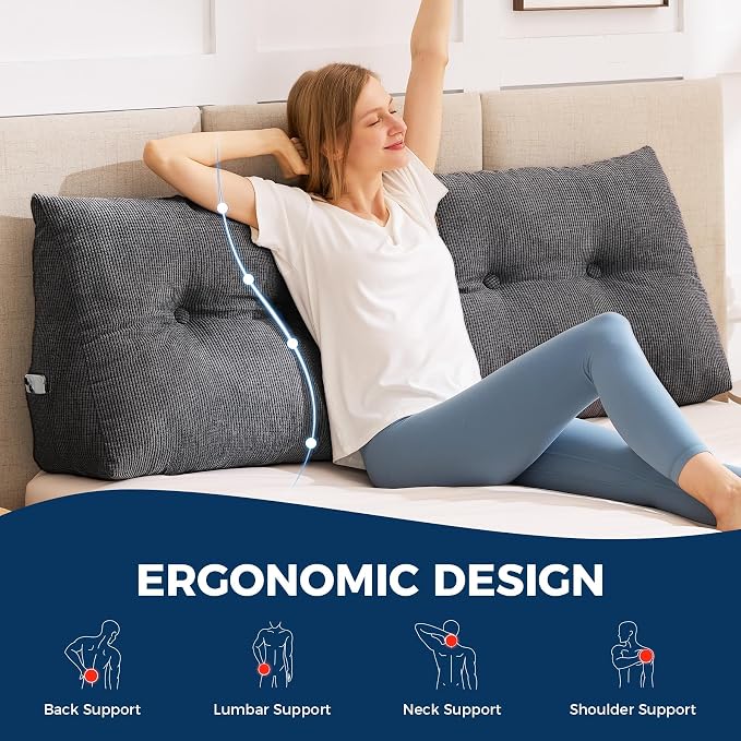 Headboard Pillow Queen, Wedge Pillow Headboard, Black | Triangle Backrest for Headboard, Bed Pillow for Sitting Up Reading Working, Removable Cover, Side Pockets, for Bed Dorm Sofa