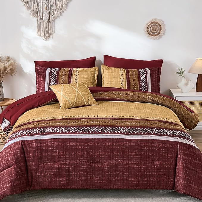 Dintszyayue Burgundy Queen Comforter Size Set, 8 Pieces Boho Striped Texture Bed in a Bag Sets, Lightweight Soft Bohemian Comforter and Sheet Set, All Season Microfiber Bedding Sets for Men Women