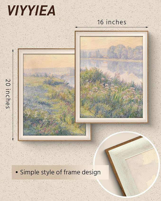 VIYYIEA Framed Landscape Large Wall Art Set of 2, Impressionist Riverbank Meadow Canvas Oil Painting, Pastoral Nature Wall Decor for Living Room Bedroom, 16x20 Inch