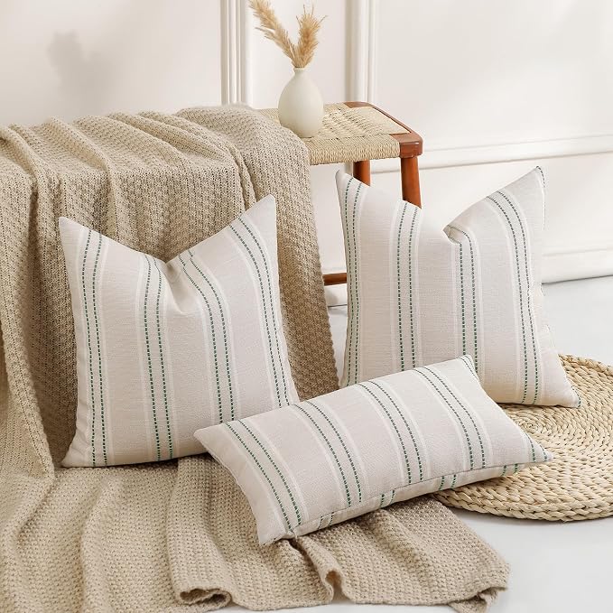 Hckot Sage Green Decorative Throw Pillow Covers 24x24 Striped Pillow Cover | Set of 2 Textured Linen Pillow Covers Christmas Farmhouse Decor Cushion Covers for Couch Living Room Green Decorative Pillows