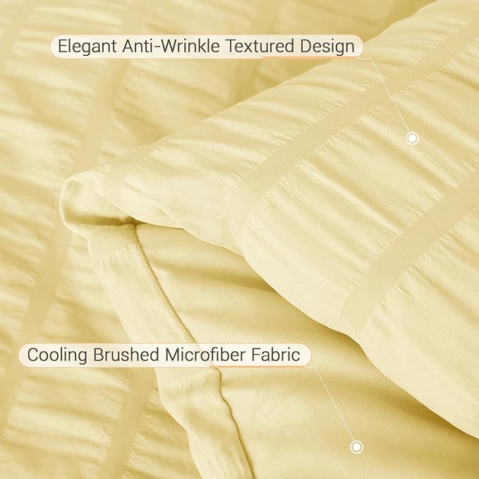 7 Pieces Oversized King Comforter Set, Seersucker Bed in a Bag Oversized King Size, All Season Luxury Bedding Set with Comforter, Flat Sheet, Fitted Sheet, Pillowcases & Shams, Yellow