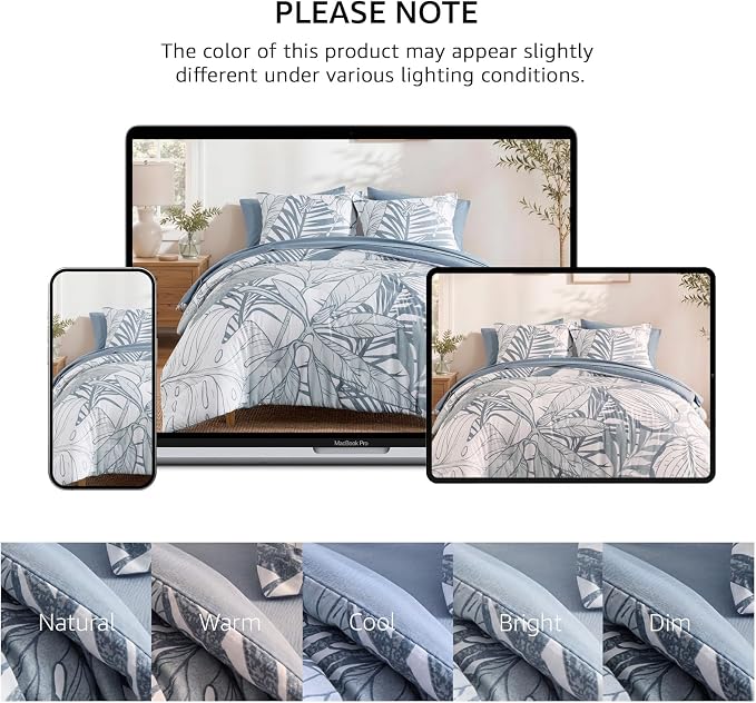 Queen Comforter Set - 7 Pieces Blue Jungle Bed in a Bag Queen Bedding Sets | All Season Botanical Tropical Palm Leaf Comforter Set with Sheets, Pillowcases & Shams
