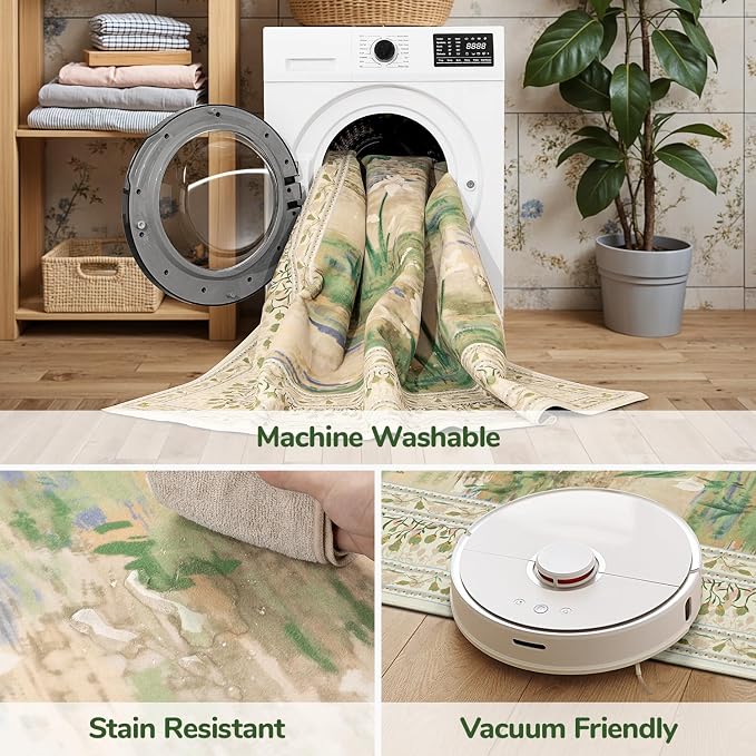 Washable Area Rugs 9 x 12 for Living Room,Large Carpet Beige Sage | Durable Stain Resistant,Kid Pet Friendly,Compatible with All Vacuums,0.25inch Low Pile for Bedroom Dining Room Home Office
