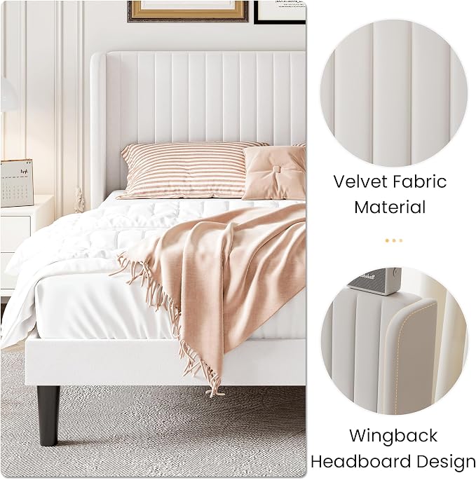 SHA CERLIN King Size Velvet Bed Frame, Tufted Wingback Headboard, White | 47'' Modern Vertical Channel Headboard, Upholstered Platform Bed, Wood Slats, No Box Spring Needed, Easy Assembly, Noise Free
