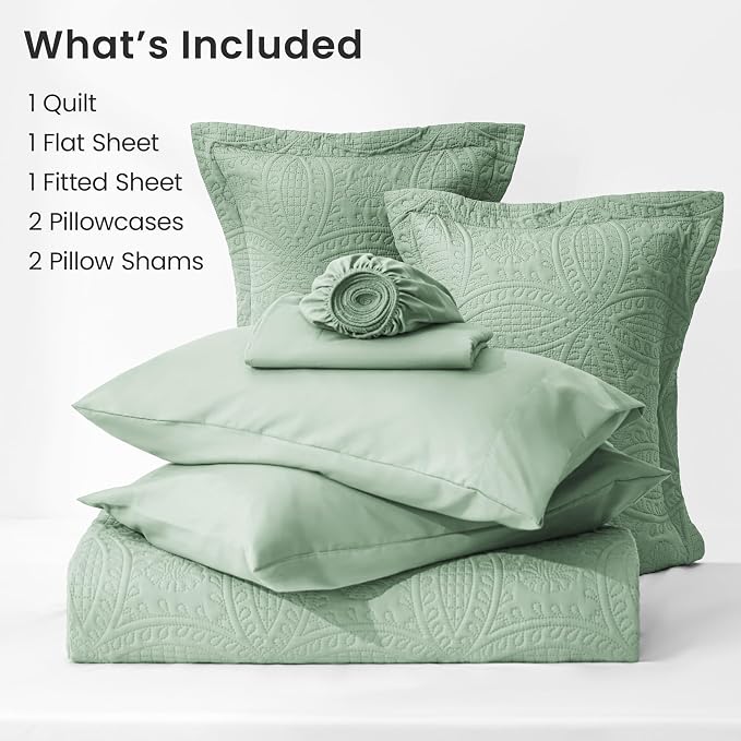 Love's cabin King Quilt Set Sage, Bed in a Bag King Size Bedding 7 Pieces, Ultrasonic Embossed Coin Pattern Comforter, Lightweight Bedspreads for All Seasons Quilt with Sheets, Pillowcases & Shams