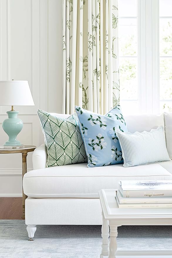 Hofdeco Premium Coastal Patio Indoor Outdoor Scalloped Lumbar Pillow Cover Only, 12"x20" Water Repellent for Backyard, Couch, Baby Blue Print Stripes