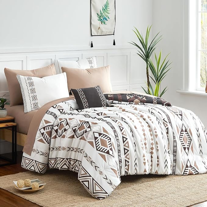 Super King Comforter Set - 7 Pieces Boho Bed in a Bag Western Bedding | Reversible Bedding, All Season Aztec Bed Set with Comforter, Sheets, Pillowcases & Shams, Brown