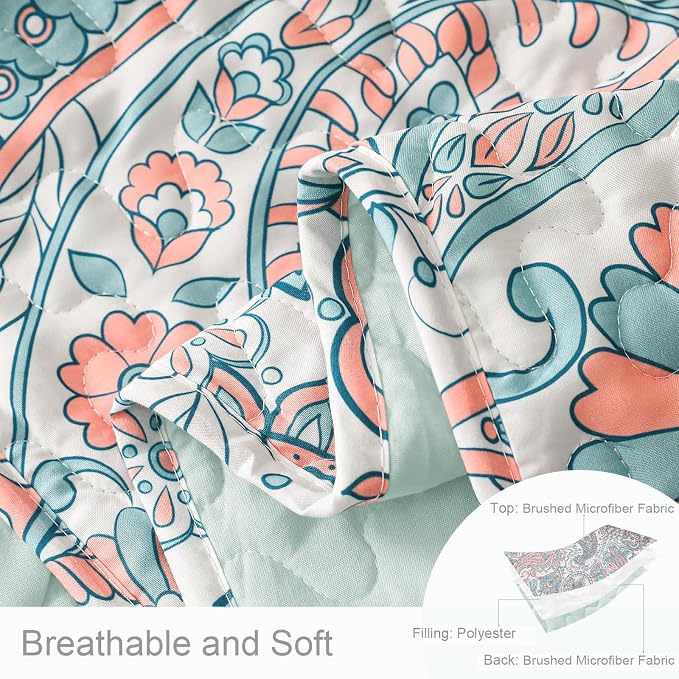 Exclusivo Mezcla Reversible Boho California King Quilt, Aqua | Lightweight Soft Bedspreads, All Season Paisley Coverlet Bedding Set, Printed Floral Pattern, 1 Quilt and 2 Pillow Shams