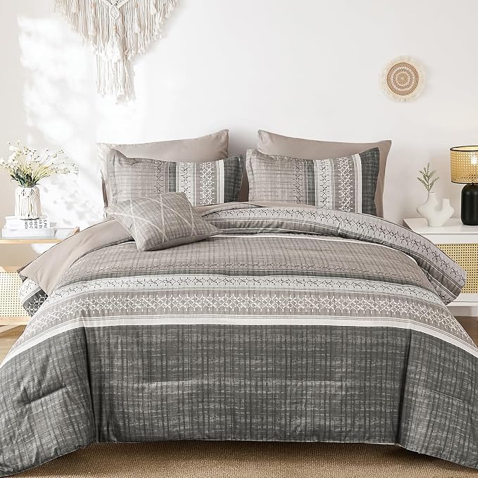 Dintszyayue Taupe King Comforter Size Set, 8 Pieces Striped Texture Bed in a Bag Bedding Sets, Lightweight Soft Comforter and Sheet Set, All Season Microfiber Teen Boys Bedding Sets for Men Women