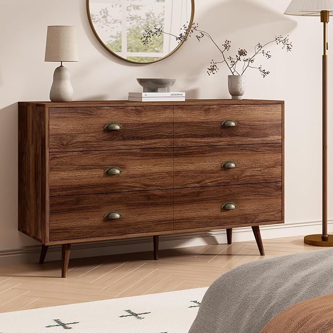 Walnut 6 Drawer Dresser for Bedroom, 47" Wood Dresser with Gold Handles. | Modern Dressers & Chests of Drawers for Living Room, Hallway, Entryway.
