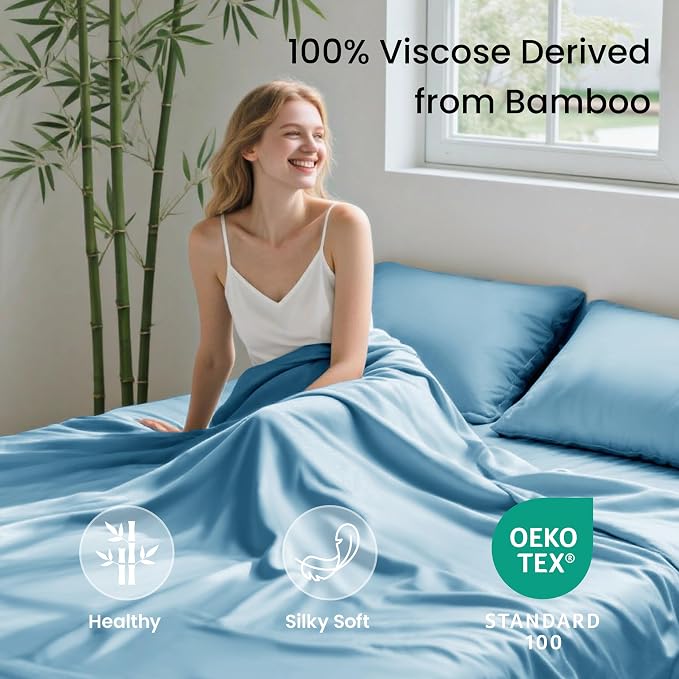 Love's cabin 4 Piece Full Size Sheet Set, 100% Rayon Derived from Bamboo, Cooling & Breathable, Soft Silky Deep Pocket up to 16", Hotel Luxury Bedding for Hot Sleepers, Light Blue