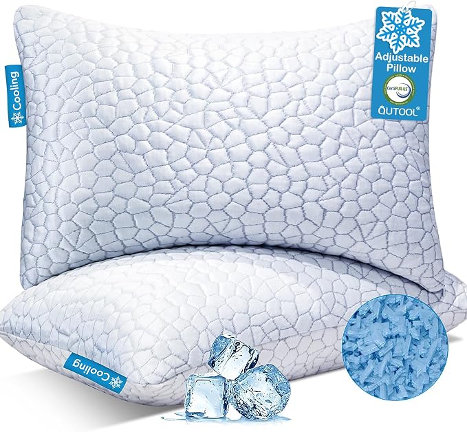 QUTOOL Cooling Pillow for Sleeping, CertiPUR-US Shredded Memory Foam Standard Pillows Set of 2,Cool Pillow for Hot Sleepers Adjustable Firm Pillow for Side,Back,Stomach Sleepers Soft Yet Support,White
